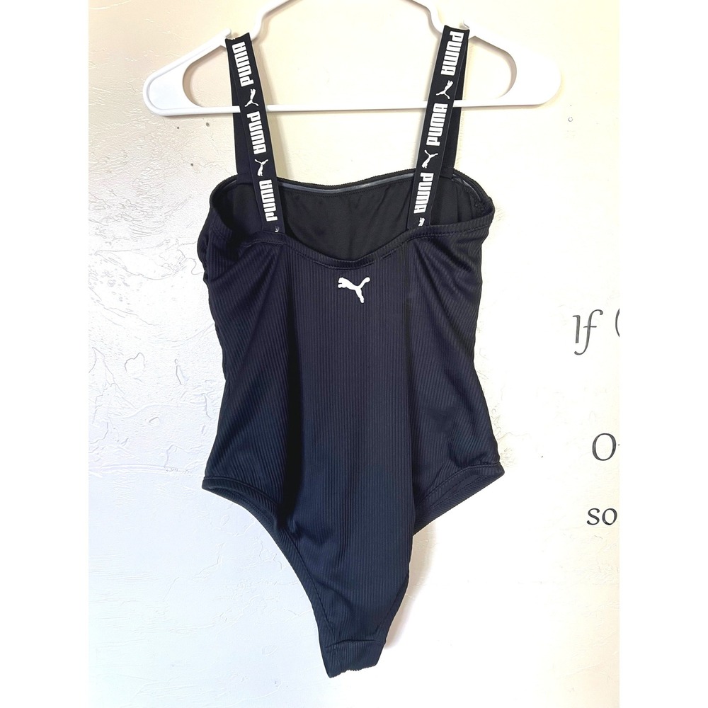 PUMA Womens Black Ribbed One Piece Swimsuit Logo Taped Straps Size M - Picture 2 of 9